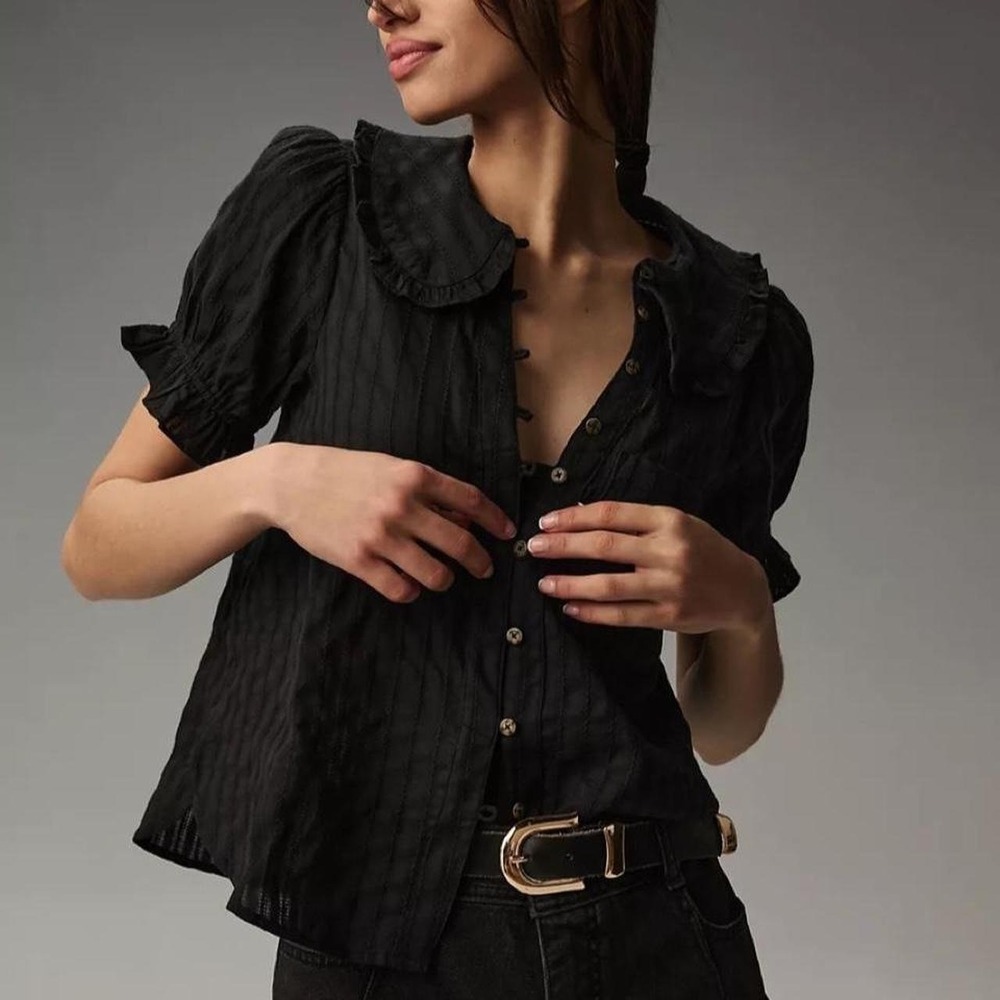 PILCRO Black Button Up Short Puff Sleeve Top Peter Pan Collar Womens S Cottage